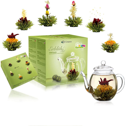 Erblühtee Set mit Glaskanne Grüner Tee fruchtig aromatisiert (Teerosen in 6 Sorten) - First-Cup