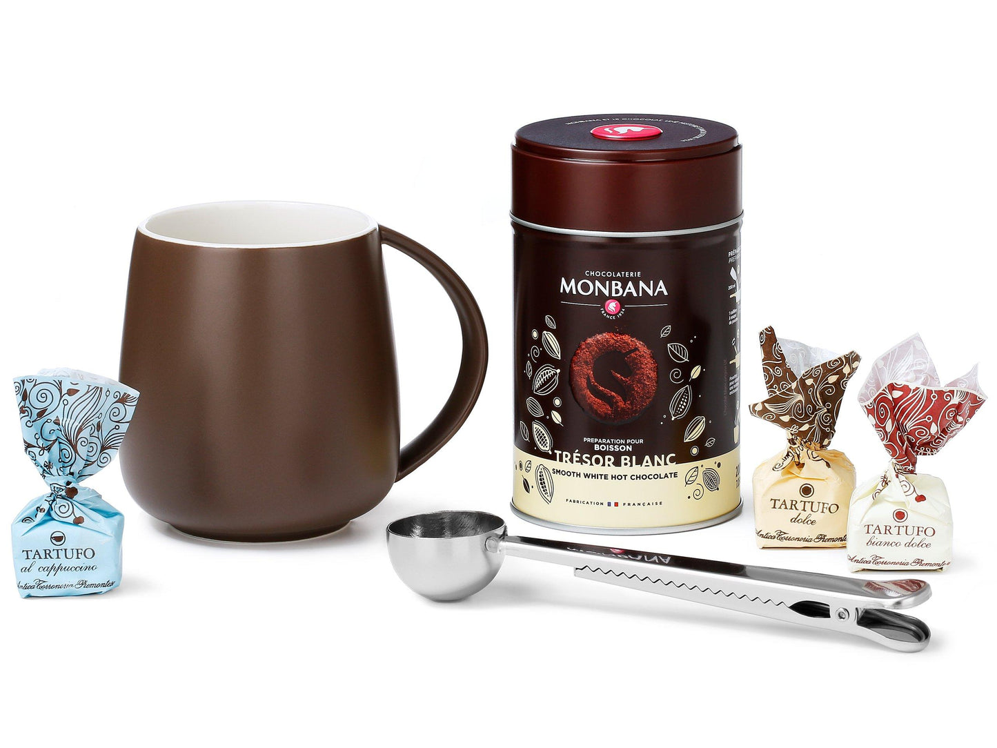 Geschenk-Set "White-Chocolate", Tasse, Dosierlöffel-Clip & 3 Sorten Tartufi - First-Cup