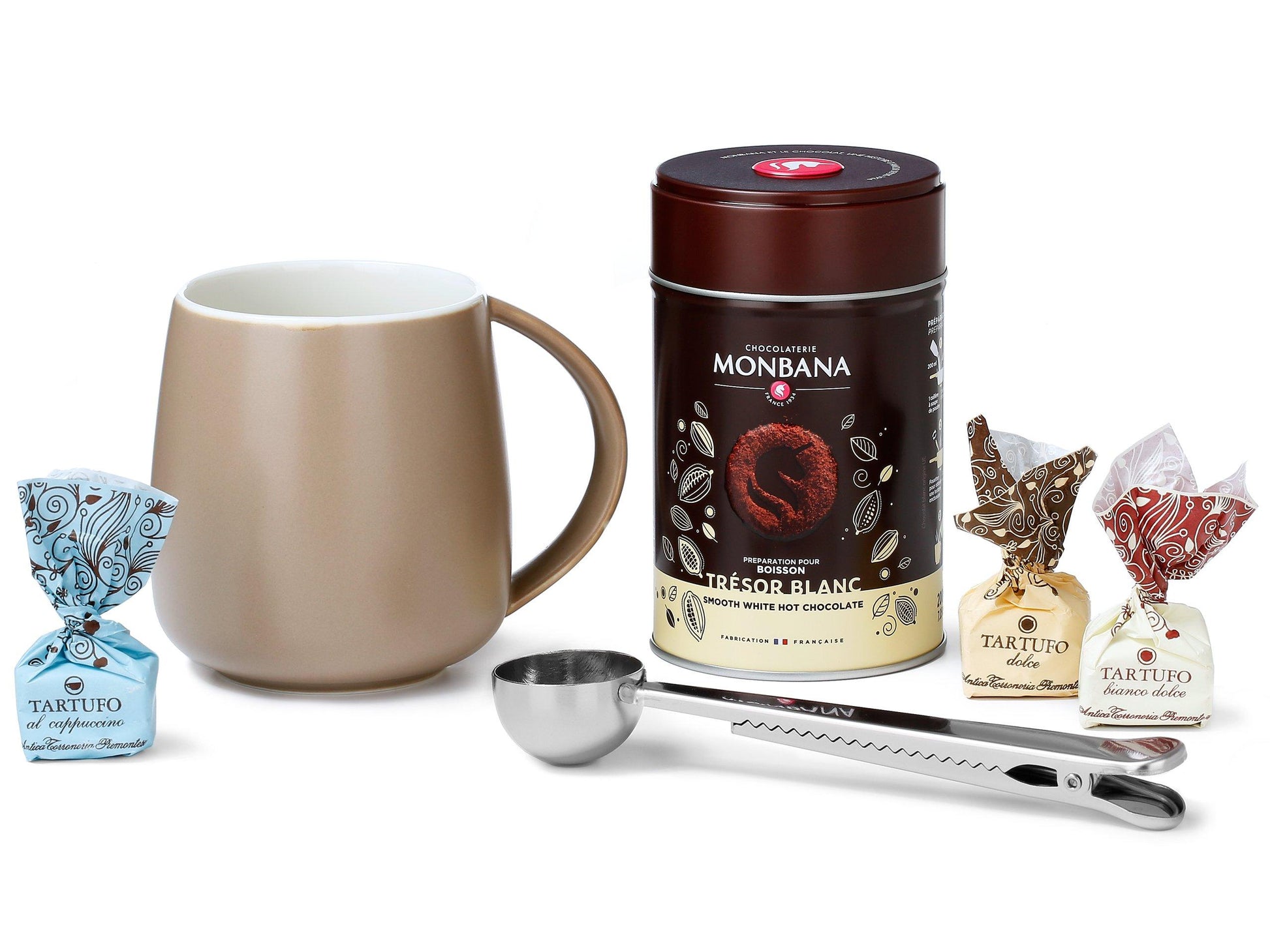 Geschenk-Set "White-Chocolate", Tasse, Dosierlöffel-Clip & 3 Sorten Tartufi - First-Cup