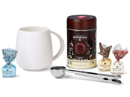 Geschenk-Set "White-Chocolate", Tasse, Dosierlöffel-Clip & 3 Sorten Tartufi - First-Cup