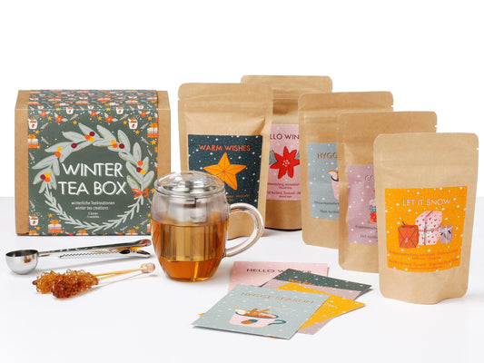 Geschenk-Set "Happy Winter", Teeglas inkl. Metallsieb, 5  Sorten Wintertees - First-Cup