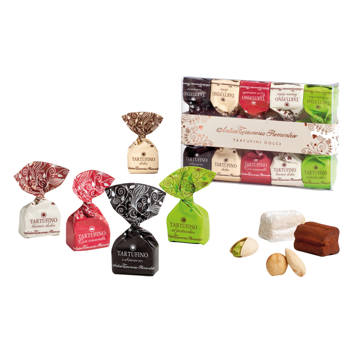 Tartufini Geschenkbox - 5 Sorten: Dolce Praline, extra Nero, Bianco, Pistazie und Amaretti